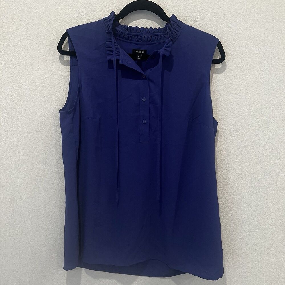 Talbots Blue Sleeveless Blouse Ruffle Trim And Tie Neck Sz 12 Office Work School - Picture 1 of 7